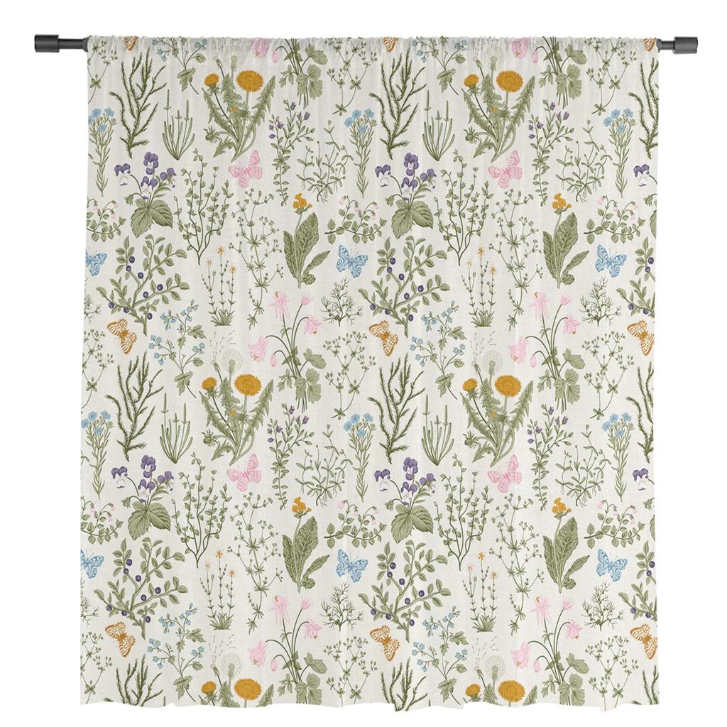 Vintage Herbaceous Floral Butterfly Flower Tulle Curtains Living Room Kitchen Window Decoration Chiffon Voile Sheer Curtain