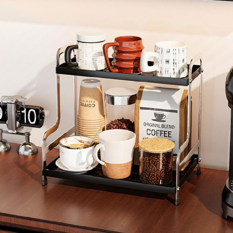 Black Iron Spices Holder Stylish Double Tiers Rack for Kitchen and Bathroom Organization Metal Cups Storage Shelf