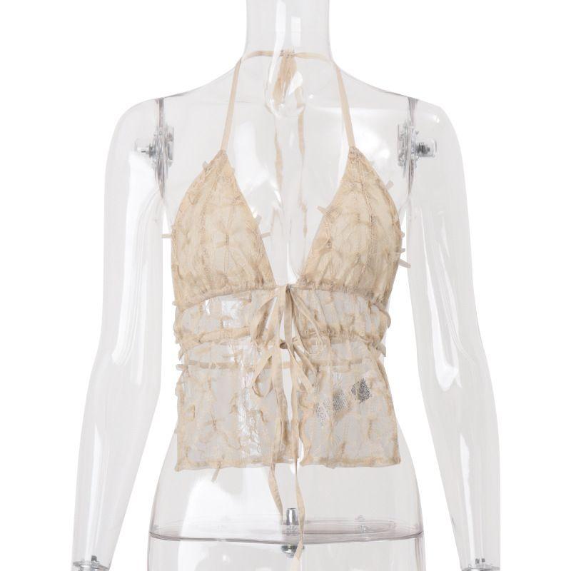 

Outfitgirl3 2025 Новая Мода Сексуальные Сексуальные Топы на Шнуровке Чистое Желание Показать Грудь Уличный Снимок Жилет-Халтер Apricot color One size