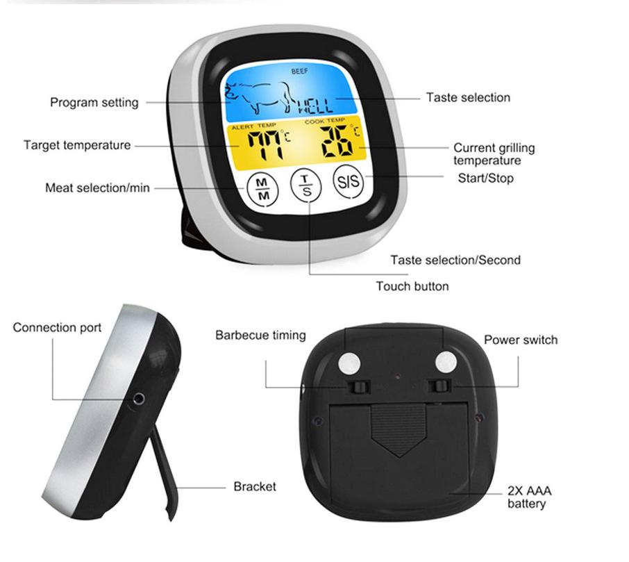 Digitales Thermometer Touchscreen LCD-Display Sofortmessung Lebensmittelthermometer mit 2 Temperatursonden zum Kochen Grillen