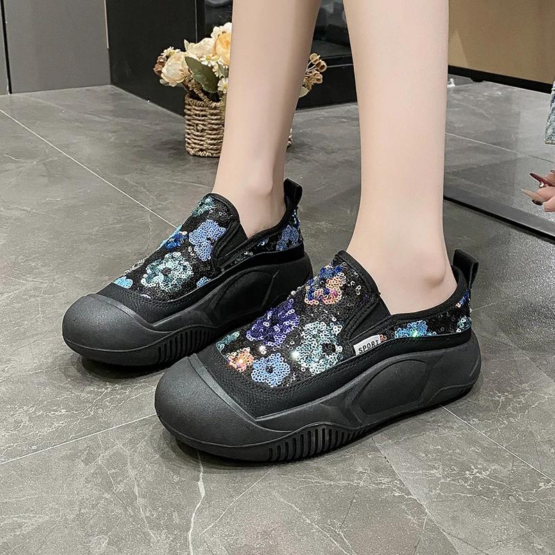 Modische flache Schuhe für Damen, lässige Slipper-Sneaker, modische elegante Pailletten, runde Zehenpartie, Loafer, Damenschuhe, Zapatos De Mujer