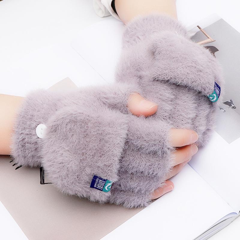 Thickened Flip-Top Faux Mink Plush Fingerless Nylon Gloves for Autumn/Winter - Cold-Proof and Outdoor Stylish for Students
