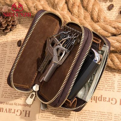 Portable Cowhide Car Key Wallet Zipper European and American Retro Dollar Clip DIY Light Luxury Men's Handbag