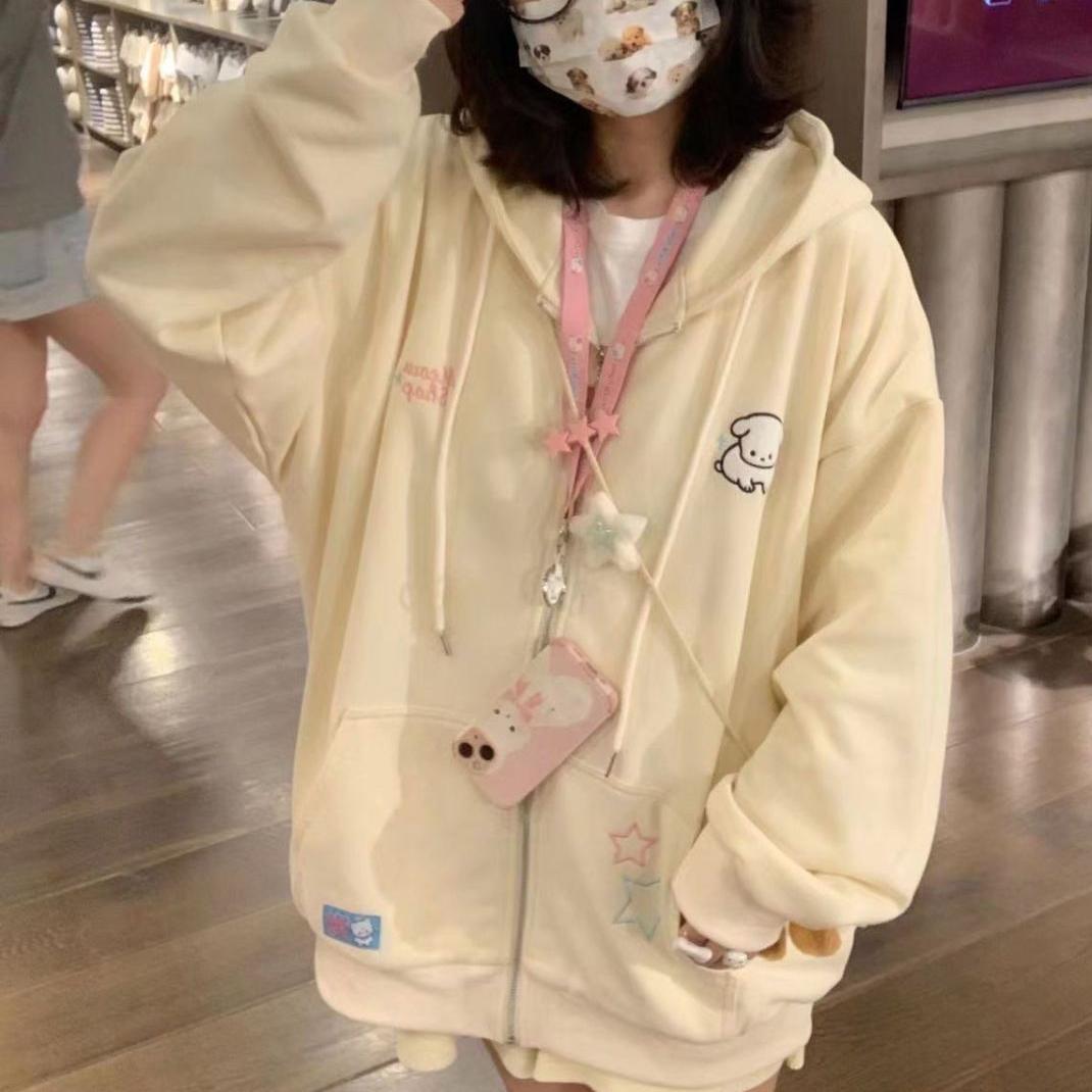 

Японские кавайные толстовки на молнии для женщин, милые девушки, звезды, графика, вышивка, толстовки с капюшоном Kpop, милый повседневный женский топ S абрикосовый