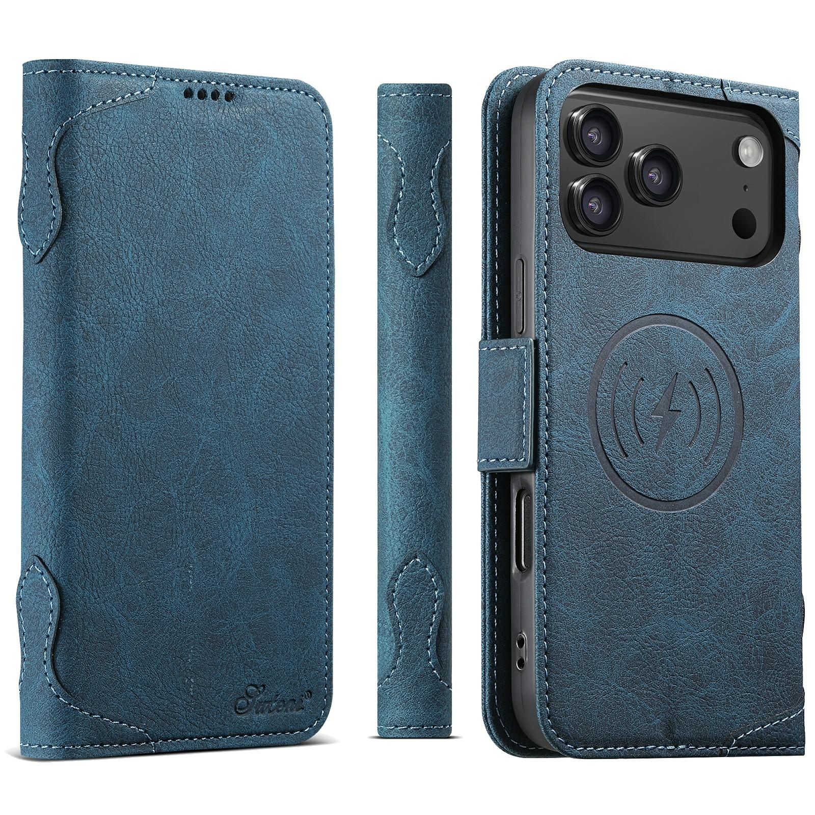 

SUTENI J07 For iPhone 17 Pro Case Compatible with MagSafe Litchi Texture Leather Wallet Phone Cover Blue