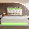 140 x 200cm Upholstered Bed Frame with LED Lighting, USB Type-C Charging and Under-Bed Storage, Hydraulic Storage Bed Frame, Beige, No Mattress