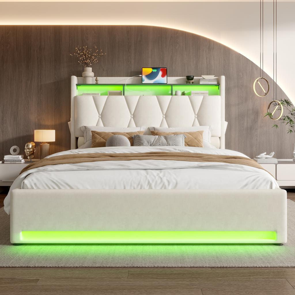 140 x 200cm Upholstered Bed Frame with LED Lighting, USB Type-C Charging and Under-Bed Storage, Hydraulic Storage Bed Frame, Beige, No Mattress