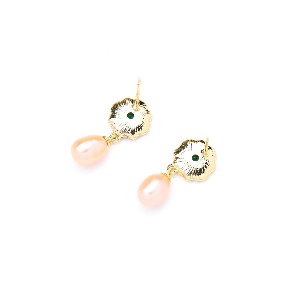 S925 Silver Needle Chinese Retro Lotus Leaf Gold Edge Freshwater Pearl Pendant Flower Stud Earrings Women's Fashion Temperament Earrings
