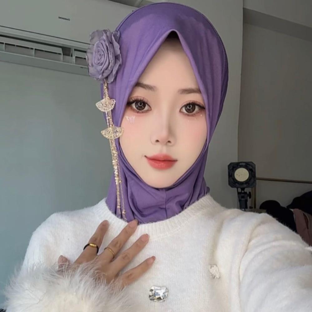 

Flower Rhinestone Chiffon Head Wraps Solid Color Headbands Women Fashion Long Hijab фіолетовий