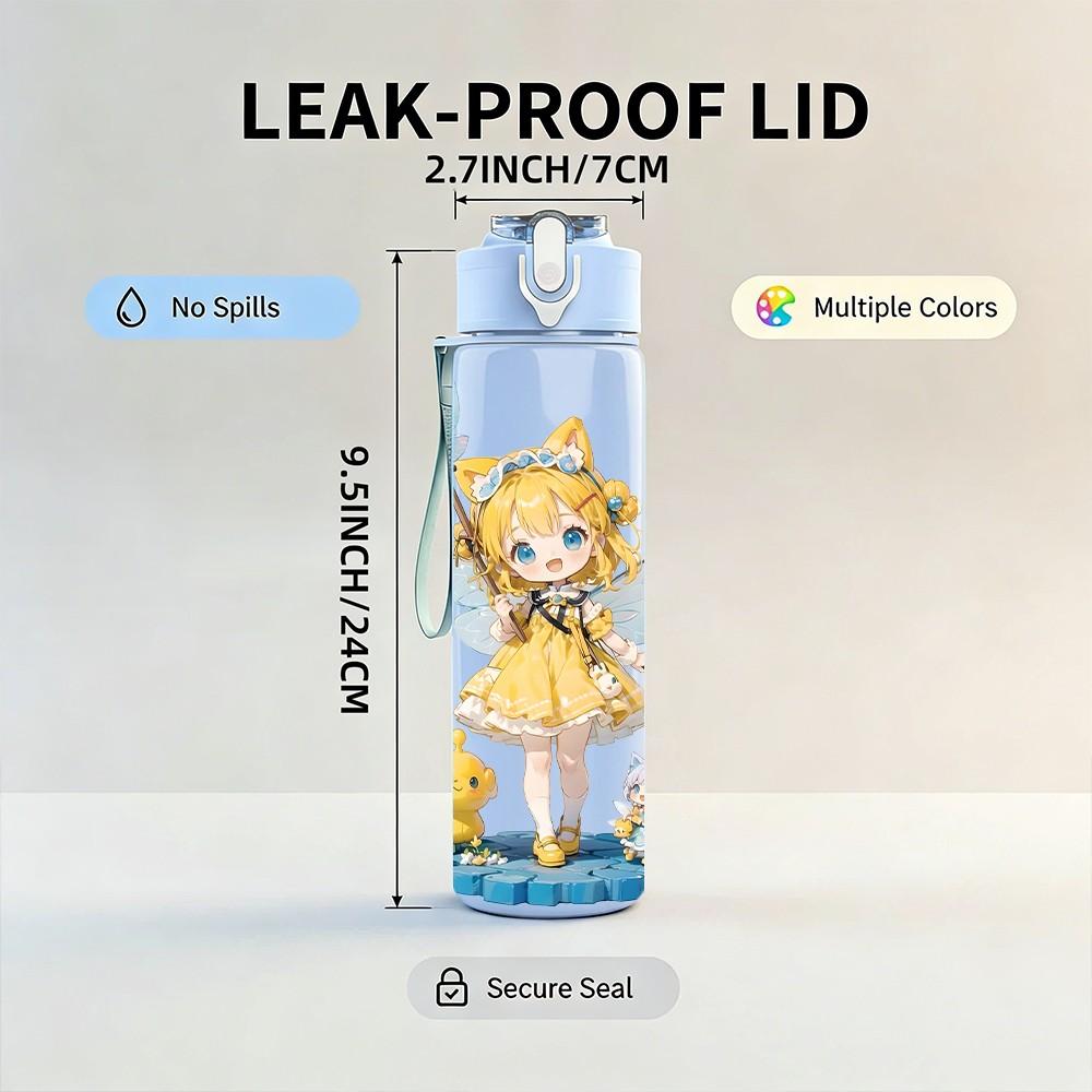 1PC Winged Fairy Girl Blue Tone Pattern 750ml Color Plastic Sports Water Bottle Leakproof Flip Straw Lid Suitable for Sports Office Home Use