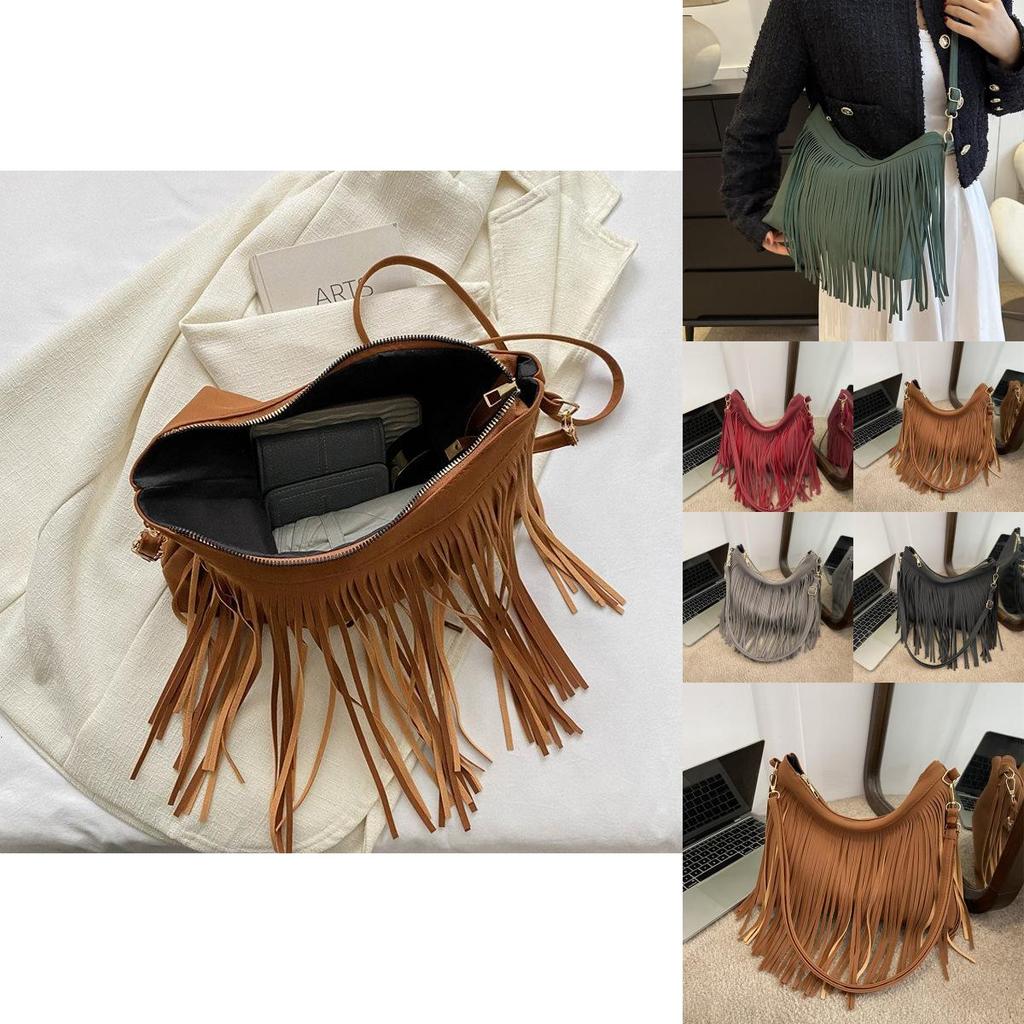 Borsa a Spalla Chic Retrò in Morbido Camoscio con alla Moda Design a Frange Perfetta per l'Autunno