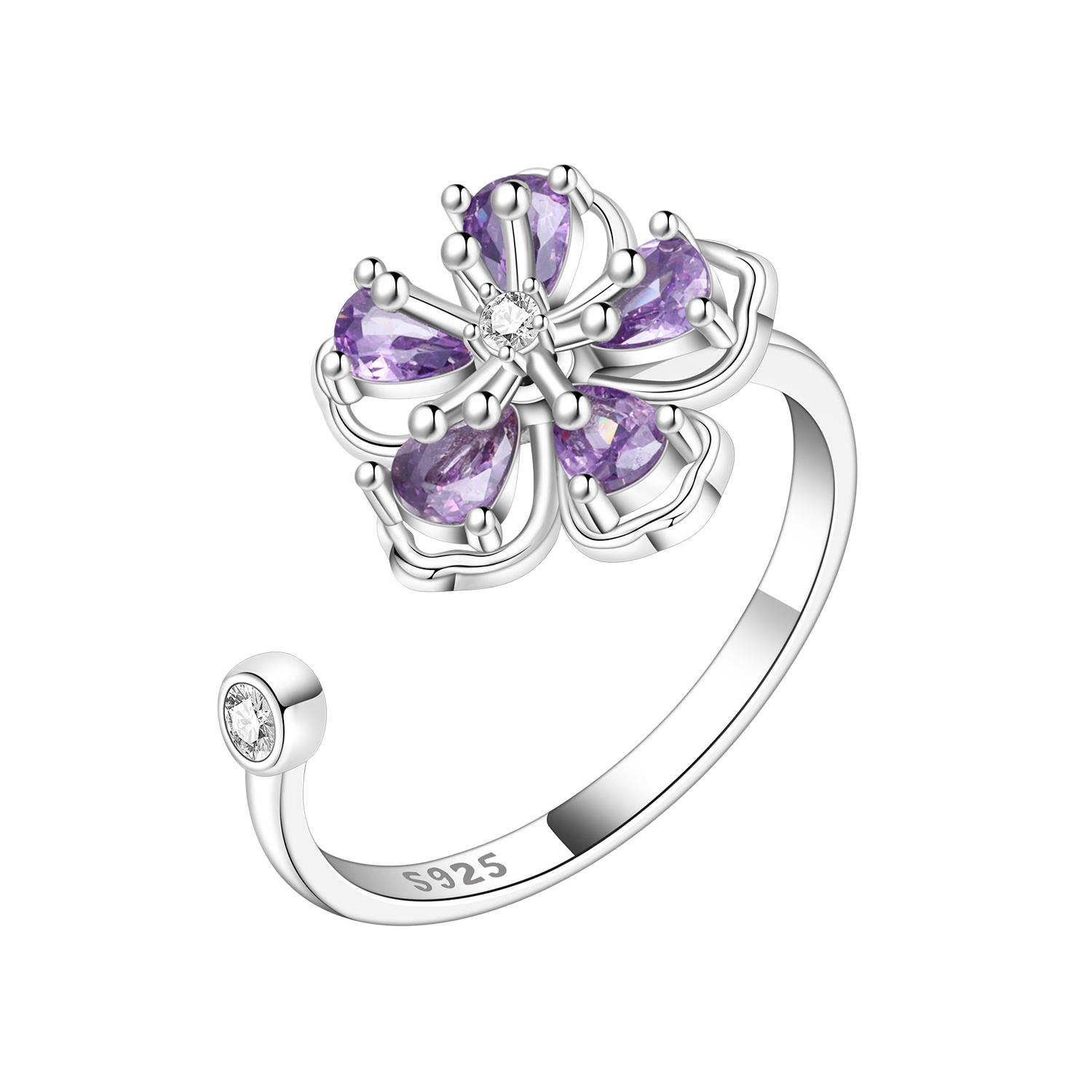 S925 Silver Purple Zircon Flower Opening Ring For Women Finger Ring Jewelry Party Fine Trendy Gifts