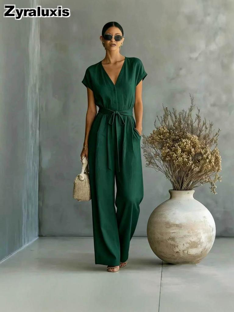 New Women's Summer Office V-Neck Waist Belt Bodysuit
