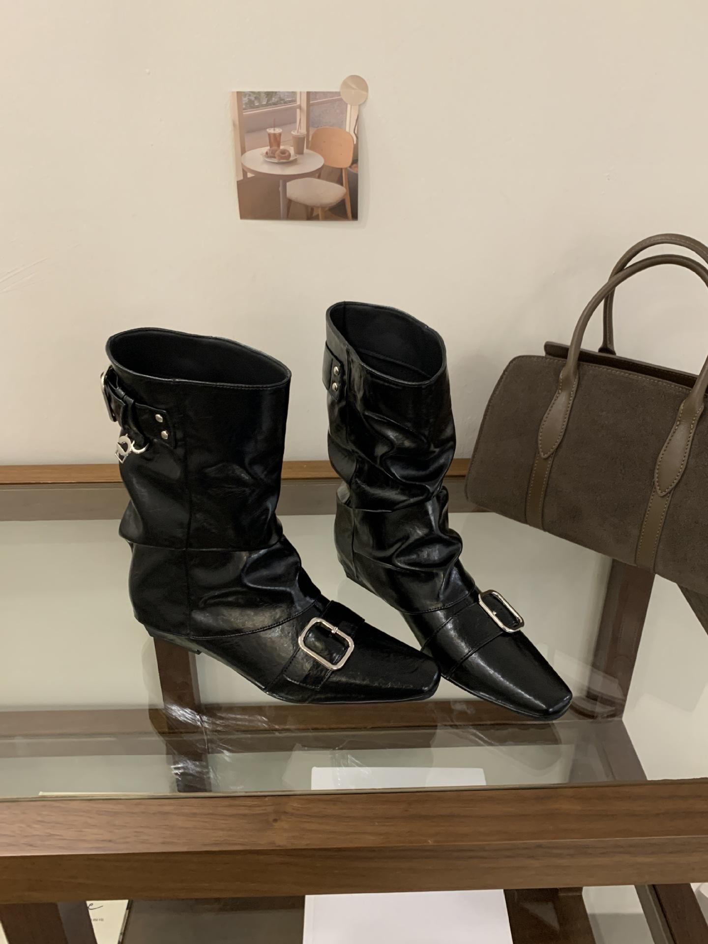 

Niche Design Retro Brown Belt Buckle Short Boots Women S Boots Autumn And Winter Western Pile Boots Knight Boots 39 чорний