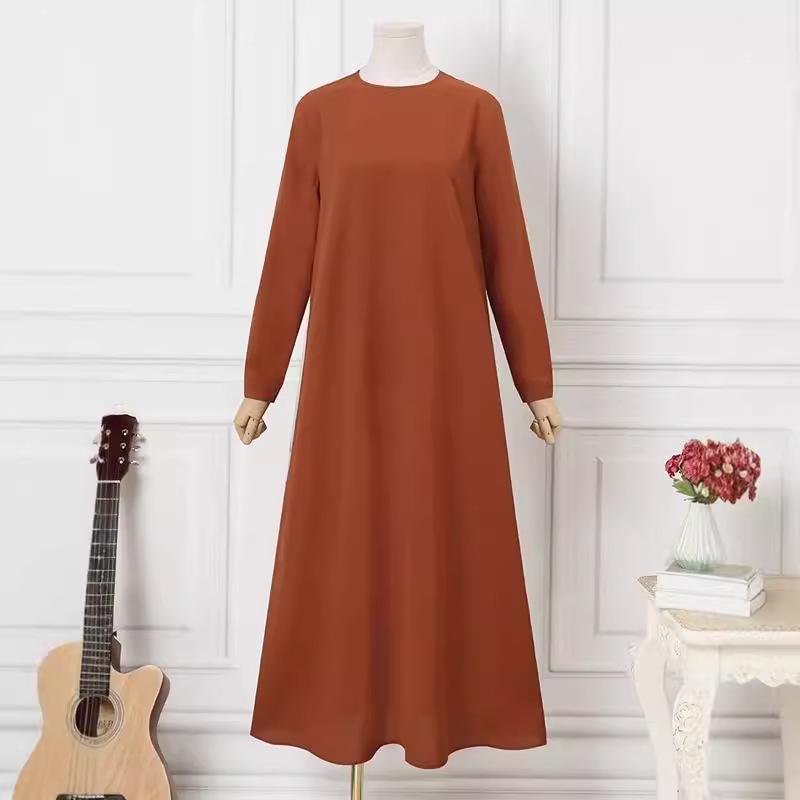 Elegant Solid Color Maxi Dress for Muslim Women – Long Sleeve, Casual & Comfortable