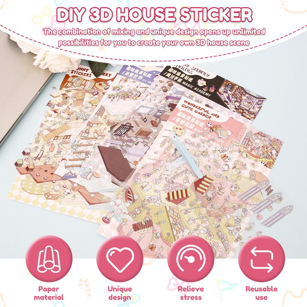 Livro de Adesivos de Cenário de Papel com 4 Peças Alívio do Estresse Cena de Adesivos 3D Estimular a Imaginação Livro de Paisagismo Miniatura 3D para Crianças