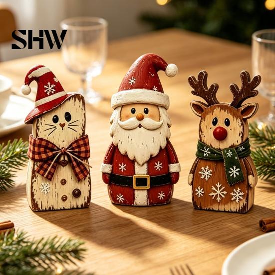 Rustic Autumn Table Decor 3Pcs Wooden Halloween Cat Tabletop Decor, Farmhouse Black Figurine Handmade Festive Crafts with Witch Hat, Fall Mantel