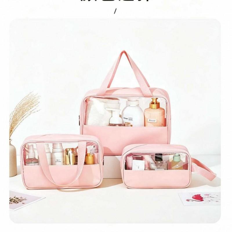 3-Piece Makeup Bag Set Large Capacity Waterproof PU Travel Organizer Transparent Design