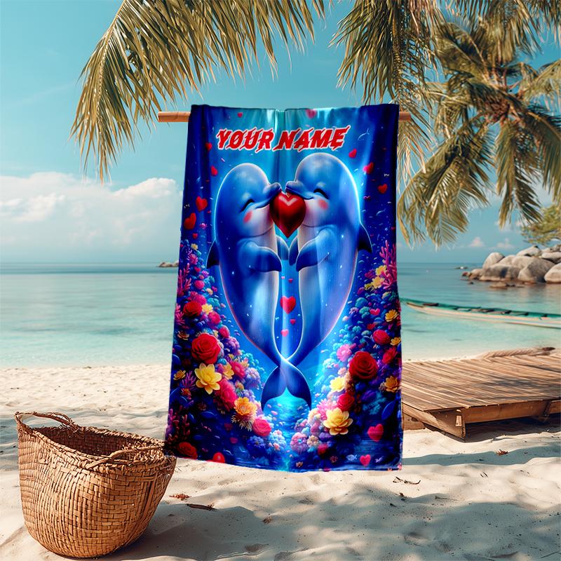 1PC Custom Name Love Between Dolphins Beach Towel Highly Absorbent And Sand-Resistant Towel for Swimming, Pool, Yoga, And Travel Lightweight