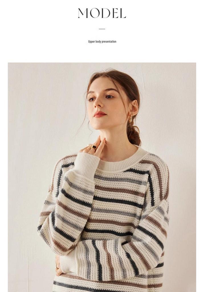 Striped Color Block Women's Drop Shoulder Cashmere Pullover Sweater