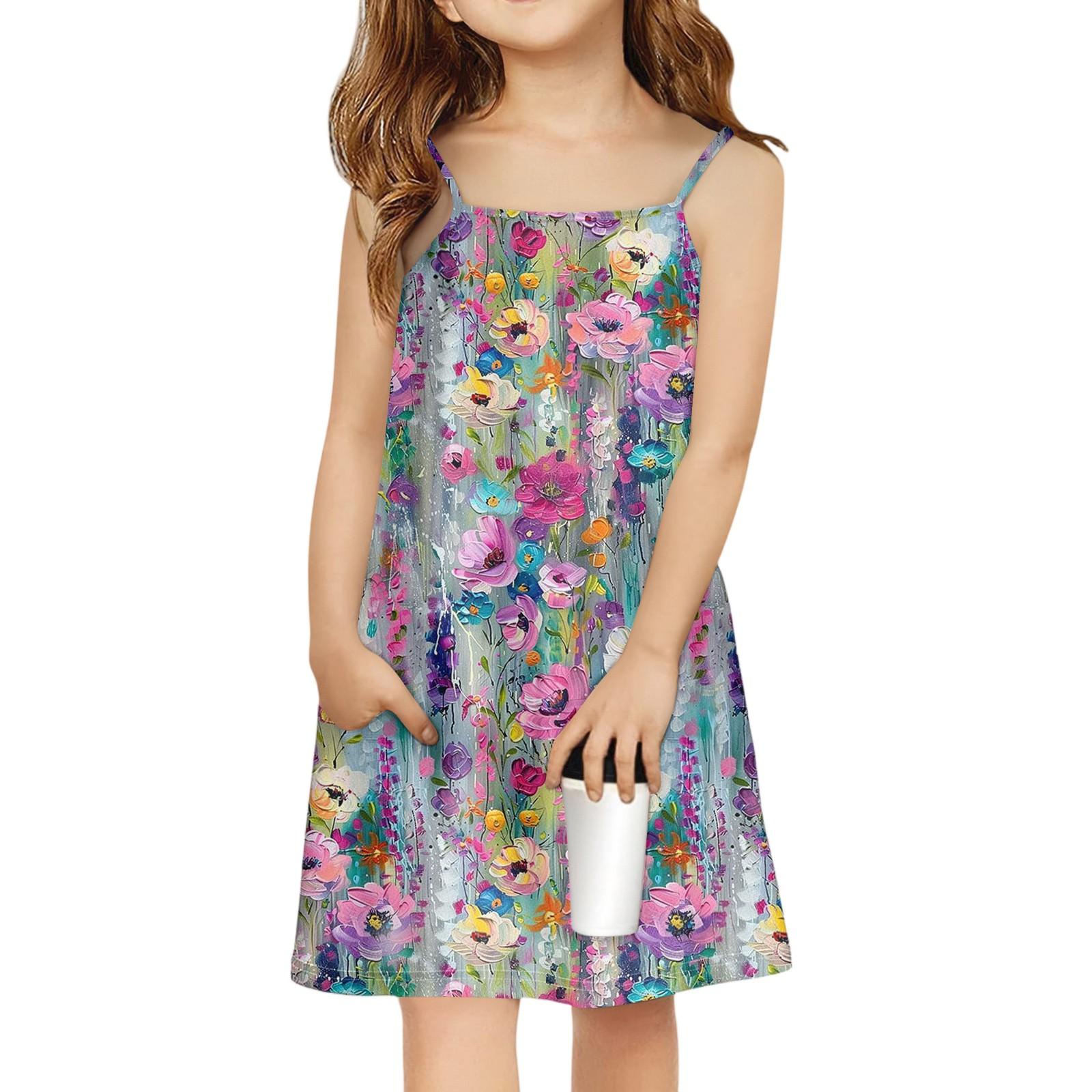 Children s Sleeveless Square Neck Summer A-Line Casual Holiday Floral Suspender Dress 140