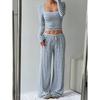 Women's Loose Fit Two Piece Outfit Set Long Sleeve Square Neck Crop Top Drawstring Waist Wide Leg Striped Tracksuit Loungewear