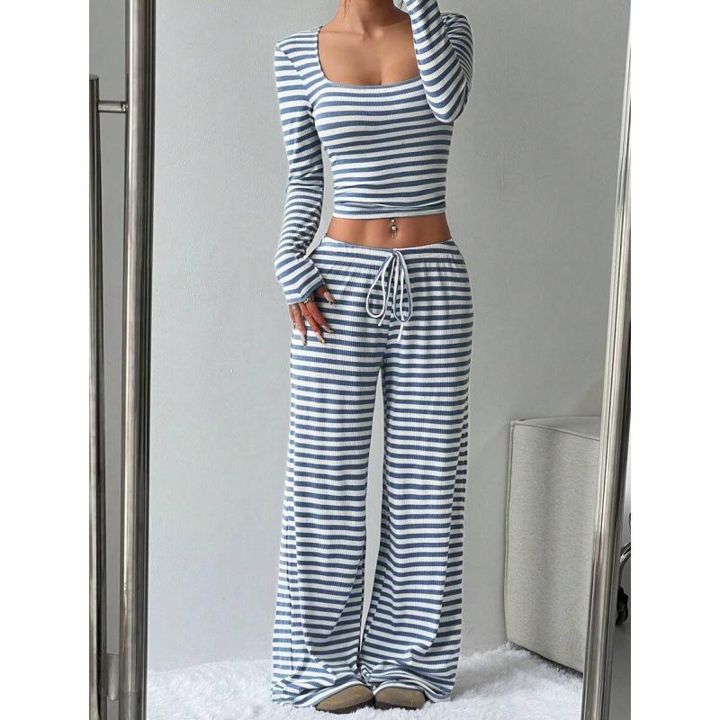 Women's Loose Fit Two Piece Outfit Set Long Sleeve Square Neck Crop Top Drawstring Waist Wide Leg Striped Tracksuit Loungewear