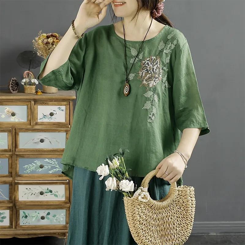 Literary Embroidery Retro Embroidery Cotton Linen Summer Short-sleeved New T-shirt Loose Round Neck Pullover Top