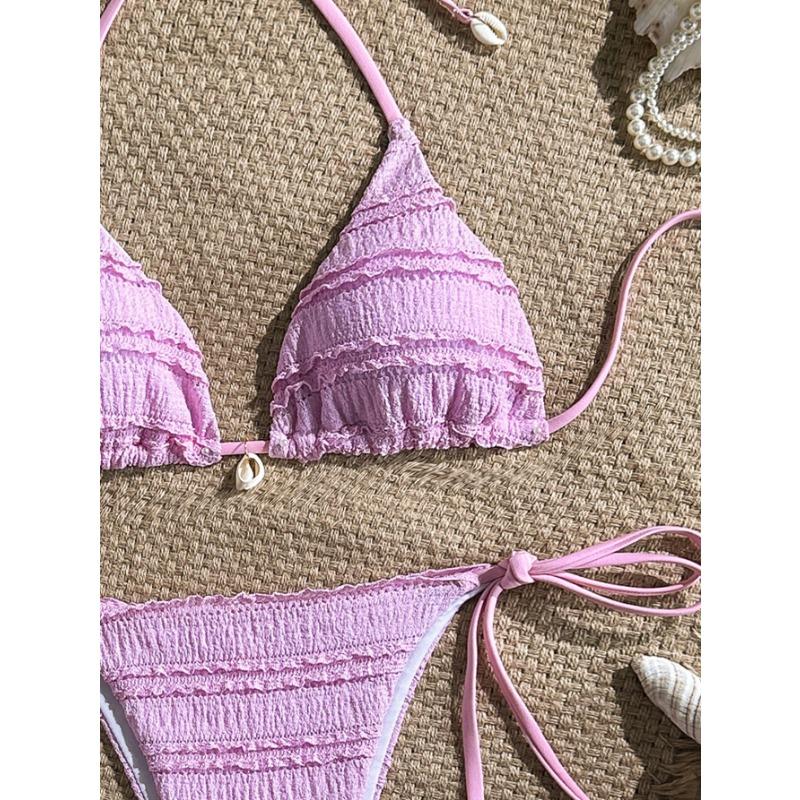 Solid Color Women Halter Three Piece Bikini Swimwear For Beach Swimming