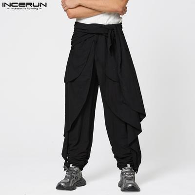 Men Elastic Waist Bandage Layers Casual Loose Irregular Pleated Harem Pants