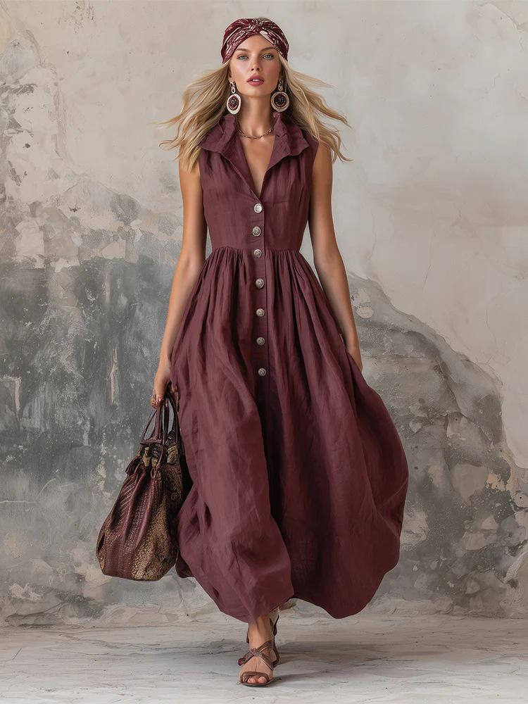 Women's A-line Cotton Linen Long Skirt Dress with Lapel - Stylish and Elegant for Commute