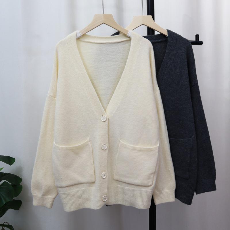 Gray knitted cardigan autumn and winter new loose and thin lazy style soft waxy temperament sweater jacket women