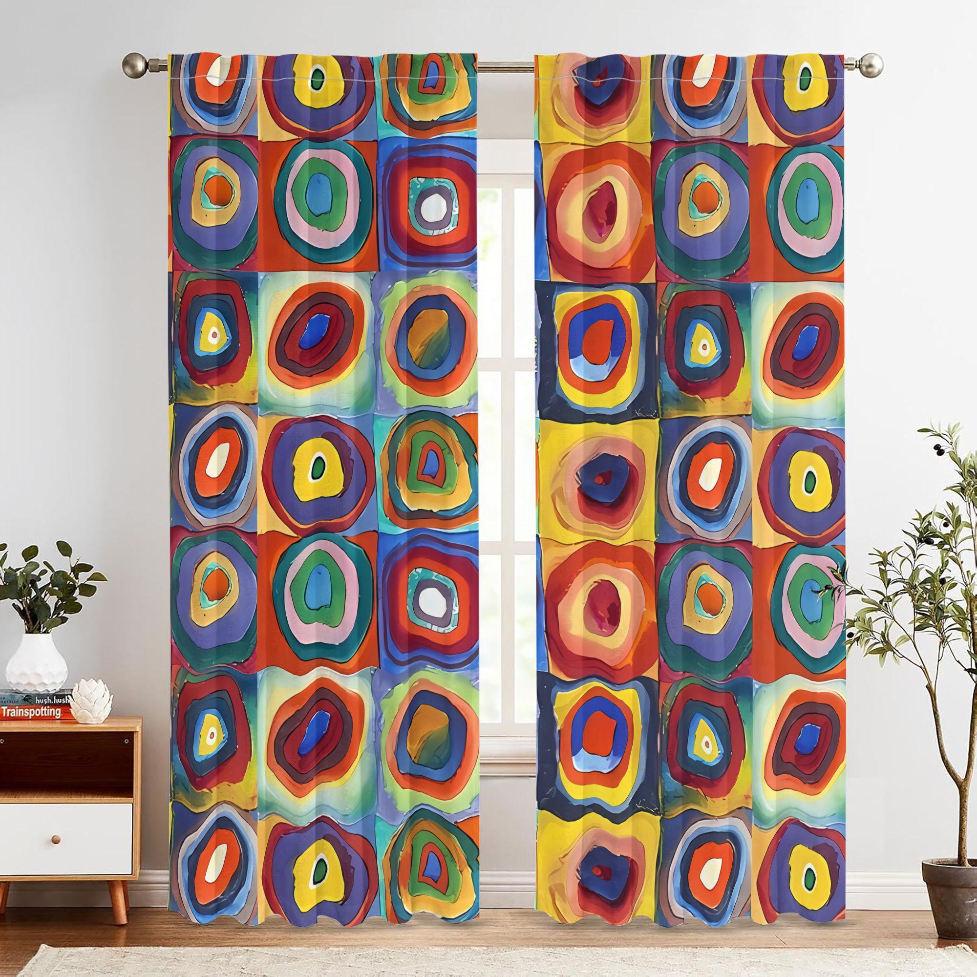 

2 Panels 2Pcs Wassily Kandinsky Bauhaus Curtains - Modern Window Drapes With Concentric Circles & Squares - Cordless 53x116cm 2pc21x46in&Without mount