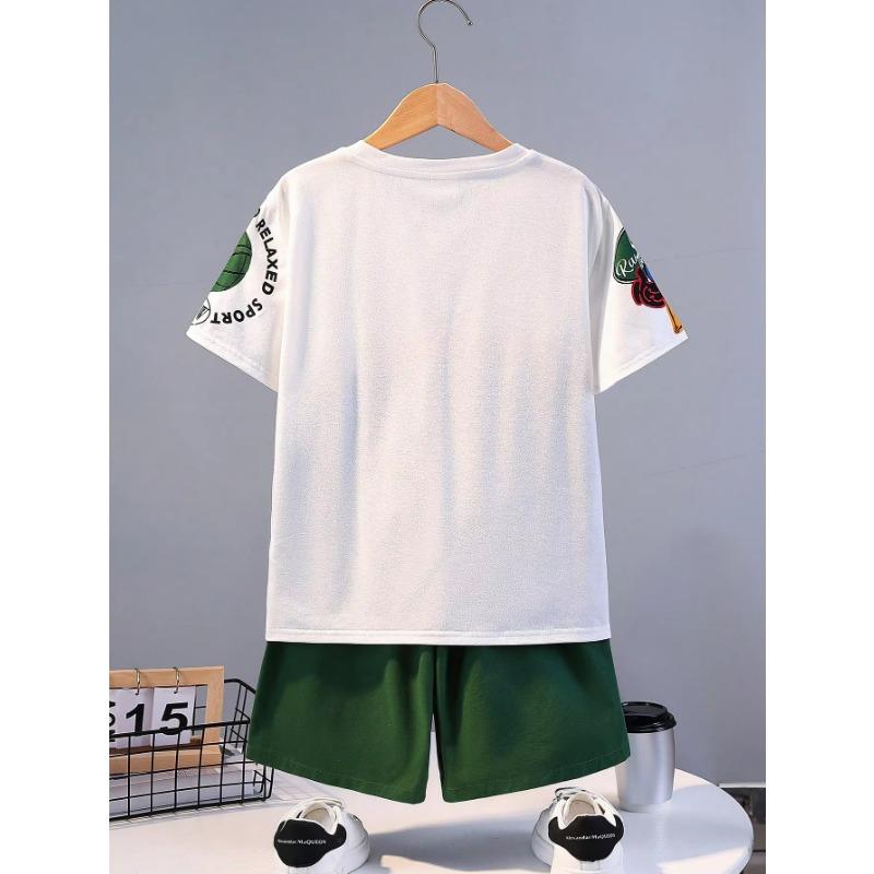 Summer Kids' Suit Boys' Loose Casual Crewneck Patterned Short-sleeved T-shirt and Shorts Comfortable Cool Tracksuit
