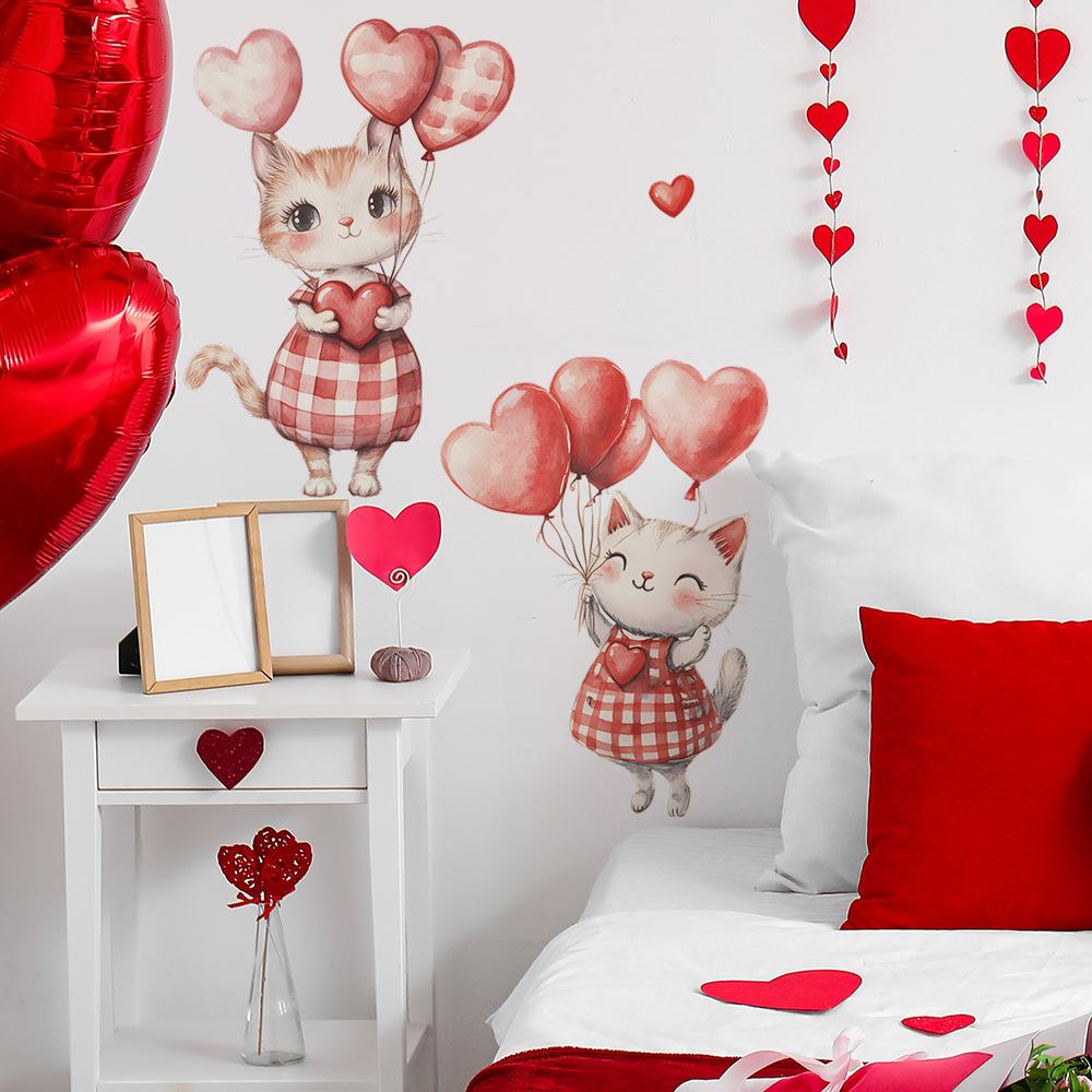 Cartoon Cute Little Cat Heart Balloon Bedroom Living Room Entrance Hall Home Background Beautification Wall Stickers