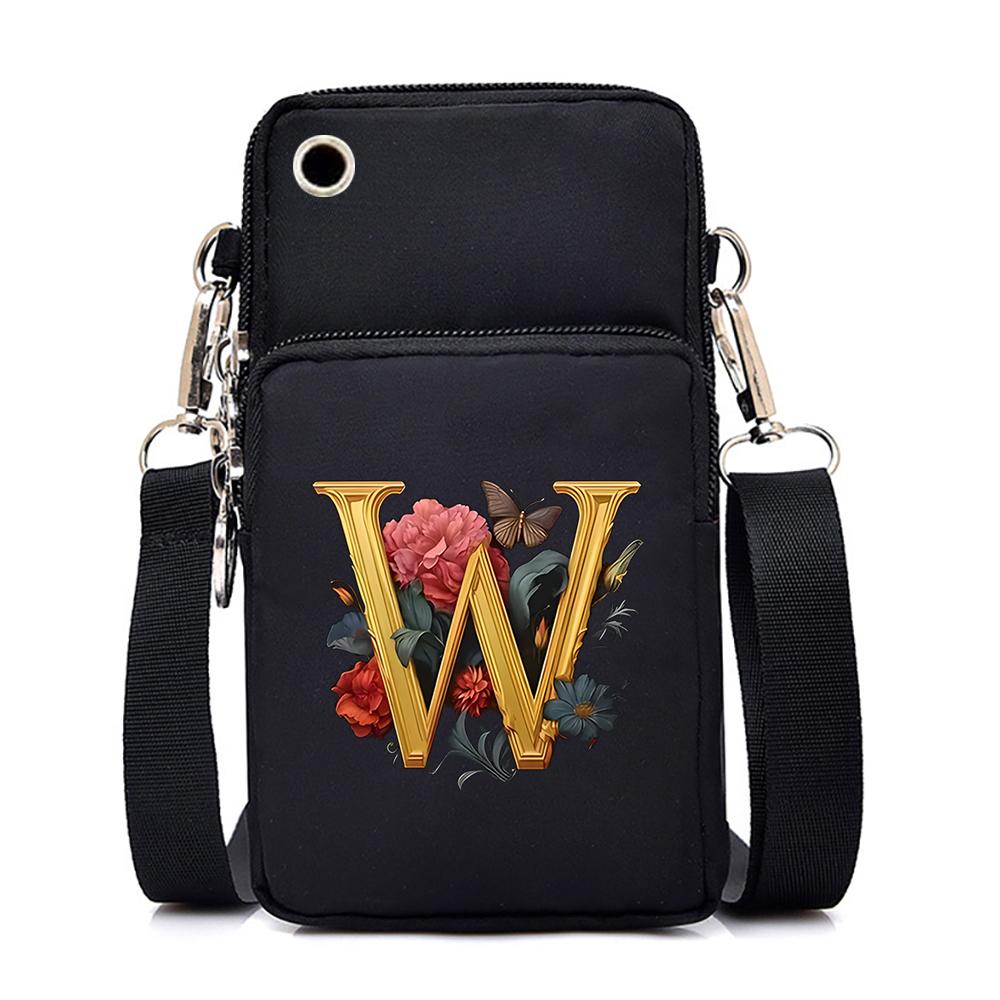 Women Small Crossbody Shoulder Bags Vintage Flower Alphabet Mobile Phone Bag Purse Soft Leather Strap Handbag Mini Messenger Bag