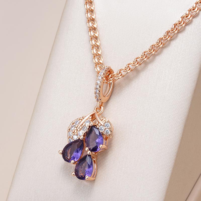Shiny Purple Natural Zircon Crystal Flower Pendant Necklace For Women Trend  Rose Gold Color Fine Daily Jewelry