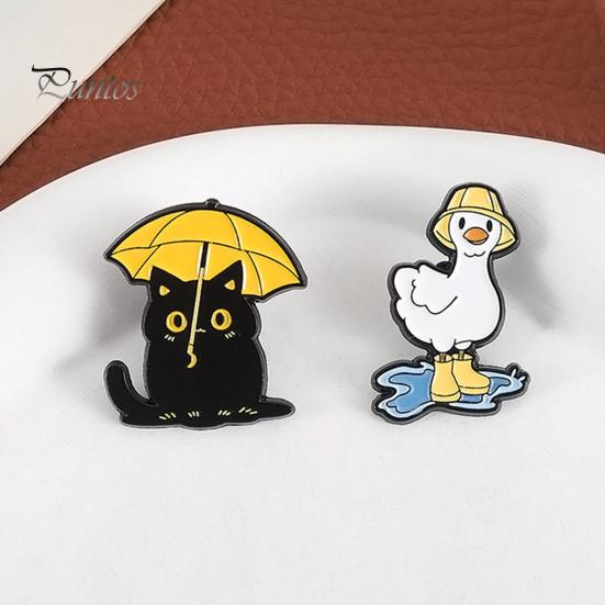 Colorful Enamel Jewelry Brooch, Rainy Day Animal Pin, Black Cat Umbrella Duck Treading Water Rain Accessories Badge, Vivid Expressions Stable