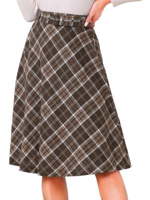 Allegra K Women's Checkered Skirt, Knee-Length, A-Line, Midi Length, High-Waisted, Flattering, Perfect for Christmas, Fall, and Winter, Brown, Size XL
