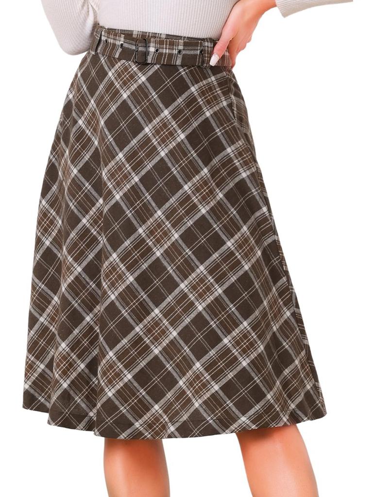 Allegra K Women's Checkered Skirt, Knee-Length, A-Line, Midi Length, High-Waisted, Flattering, Perfect for Christmas, Fall, and Winter, Brown, Size XL