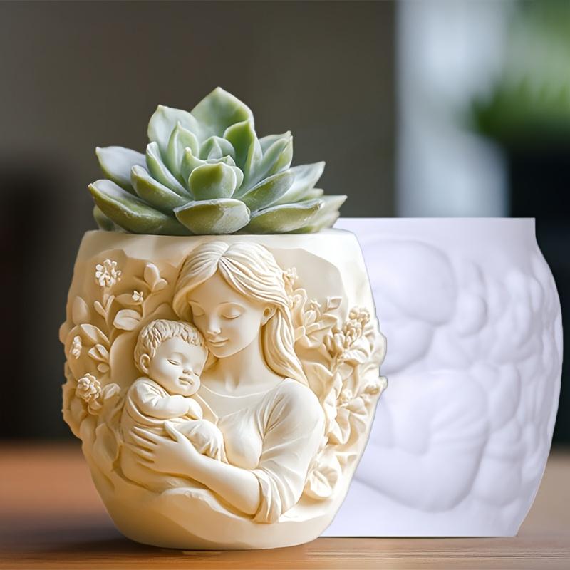 3D Mother hold child relief succulent plant flowerpot resin silicone mould goddess relief candle cup concrete mold gypsum molds