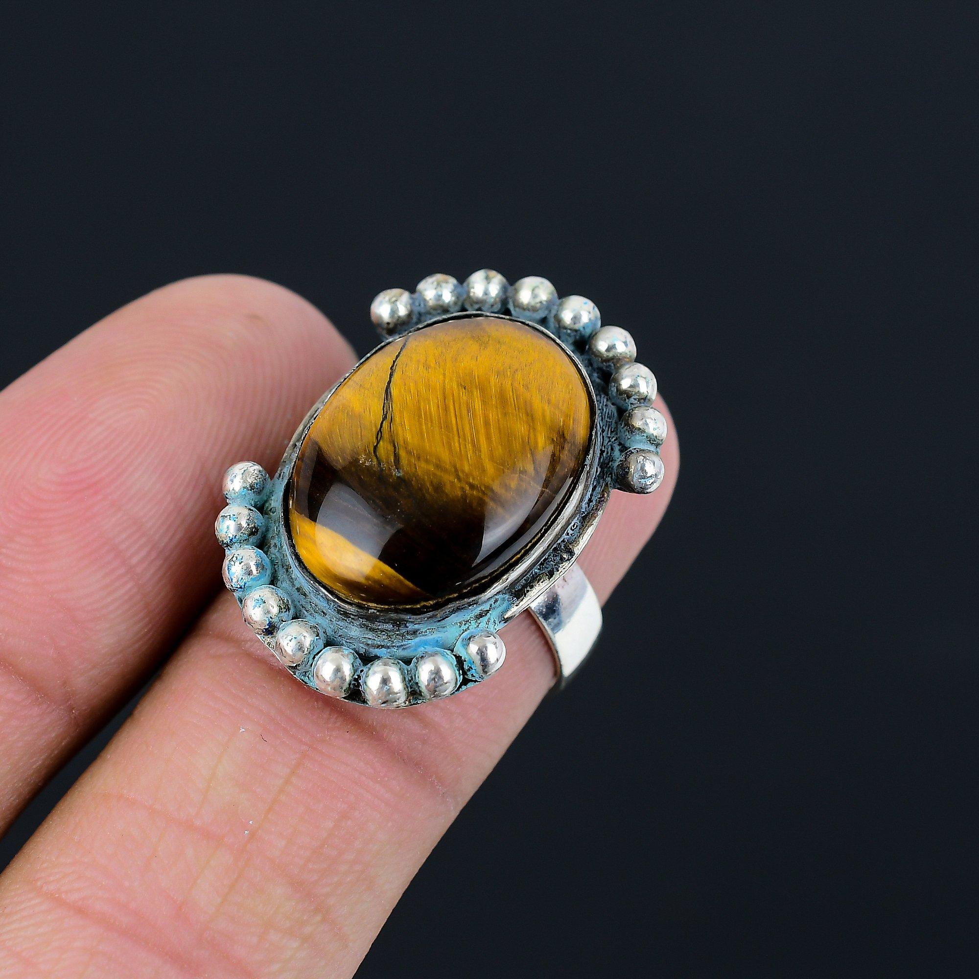 Sterling Silver Oval Tiger Eye Stone Wedding Promise Statement Sister Ring US 8 8