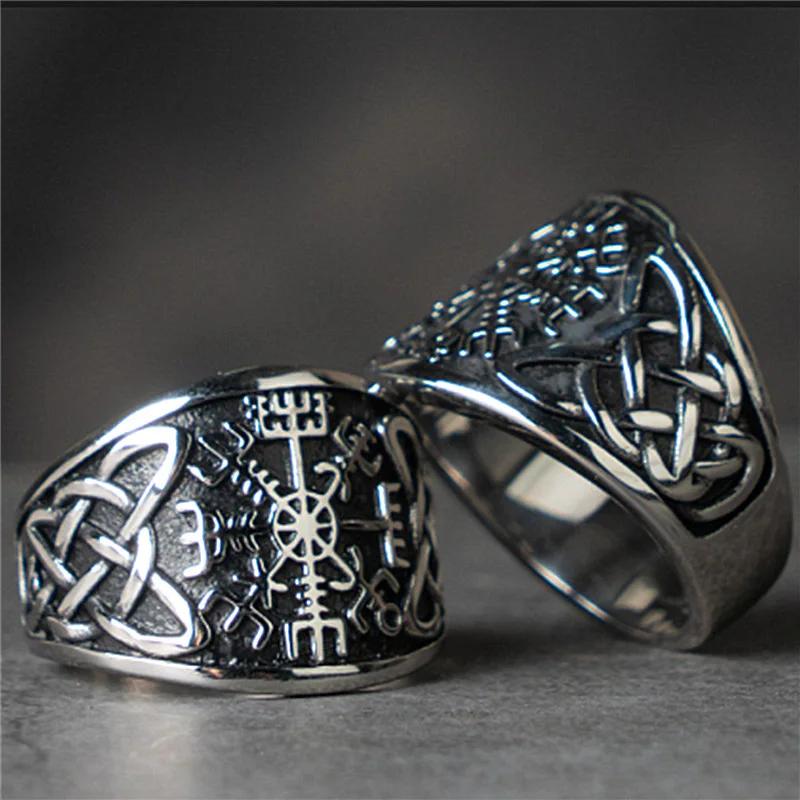 Norse Vikings Runes Celtic Knot Ring Vegvisir Symbol Compass Silver Ring Pagan Supernatural Talisman Jewelry