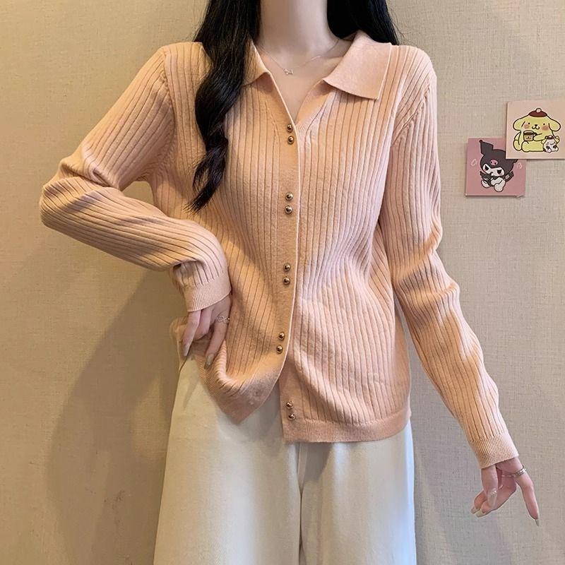 

Autumn Plo Neck Long Sleeve Knitted Cardigan Top Lazy Loose Outside Lapel Sweater Jacket Women One size fits all [recommended 80-60kg] розовый