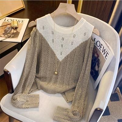 Stylish Design Temperament Early Autumn Women New Style Off Shoulder Color Block Knit Sweater