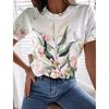 Korean Women's Harajuku Summer T-Shirt 3D Flower Graphic Short Sleeves O-Neck Fashion Tee Leisure Top Clothing
