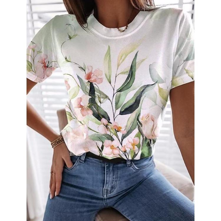 Korean Women's Harajuku Summer T-Shirt 3D Flower Graphic Short Sleeves O-Neck Fashion Tee Leisure Top Clothing