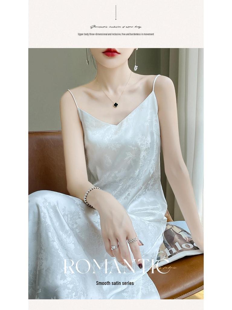 Damen Sommer V-Ausschnitt Satin Slip Kleid - Französisches Kunstseiden Jacquard Maxi