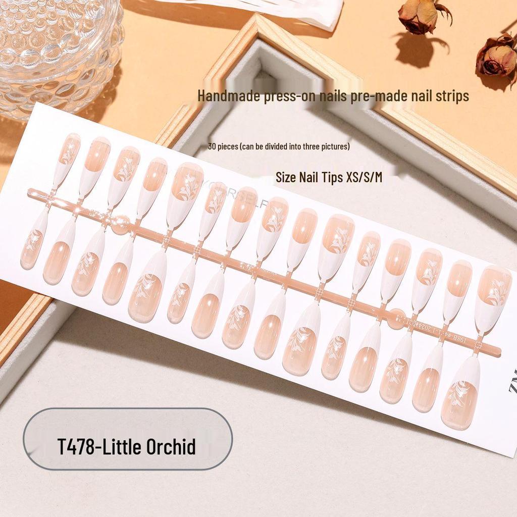 T478 Little Orchid Almond French Long Pre-made Nail Set XS/S/M