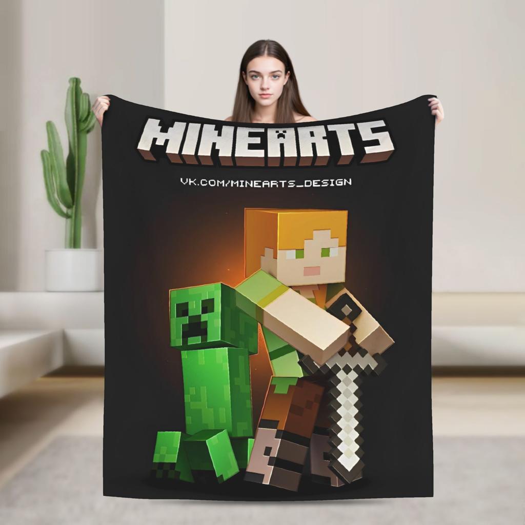 Super Soft Plush Bedding Throws Cartoon Mines Pixels Game  Blankets  For Couch Bed Camping Flannel Bedspread Bed Cover